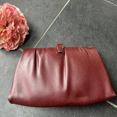 Vintage 1970s Maroon Wine Faux Leather Clutch Bag or Use Gold Chain Handle Ande' 