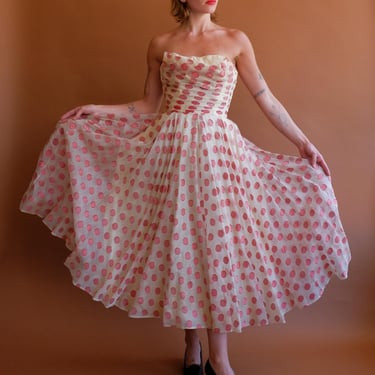 Vintage 50s Ceil Chapman Polka Dot Fit and Flare Strapless Silk Chiffon Gown/ 1950s Designer Dress/ XXS 