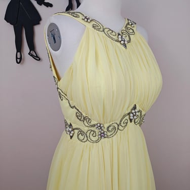 Vintage 1960s Butter Yellow Chiffon Evening Gown | Beaded Low Back Formal Dress | Rhinestone Pearl Maxi Dress | Pageant Prom Small 