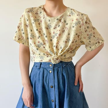 vintage blouse floral vintage shirt vintage top yellow 90s retro vintage style silky shirt summer secretary blouse short sleeve size M 