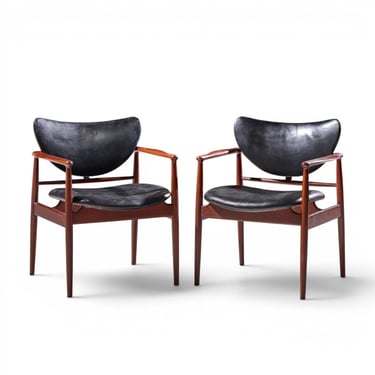 Finn Juhl for Niels Vodder Model NV-48 Mid Century Danish Teak Lounge Chairs - Pair 