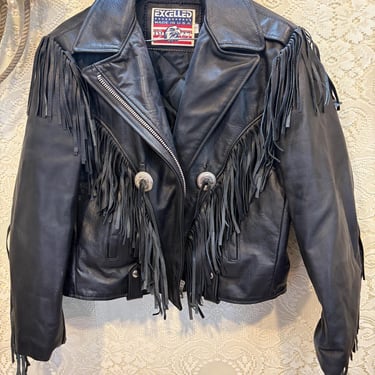 Vintage Black Leather Moto Jacket with Fringe 