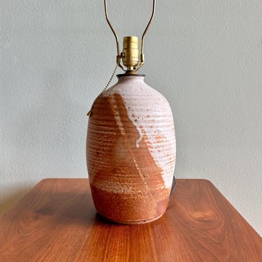 Vintage studio pottery table lamp / orange and white drip glaze ceramic lighting / handmade, signed Young 