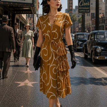 Hollywood Royalty - Vintage 1940s Caramel & Creme Rayon Side Peplum Dress - 8/10 