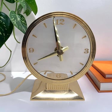 Vintage Haddon Tabletop Clock Retro 1950s Mid-century Modern + Golden Visionette Model 80 + See-Through Face + Gold-colored Metal + WORKS! 