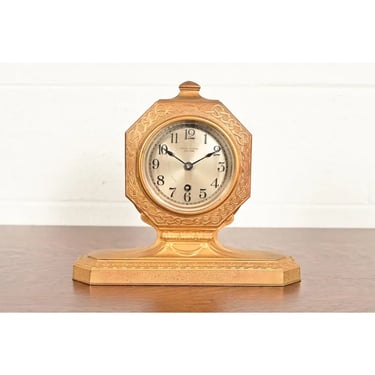 Tiffany Studios New York Arts & Crafts Bronze Doré Desk Clock or Mantel Clock, Circa 1910