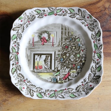 Johnson Bros Square Merry Christmas Salad Plate, Vintage Holiday Tableware, English Porcelain Plate with Presents under a Tree & Fireplace 