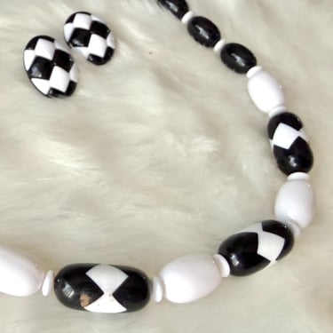 Vintage 80s Statement Earrings, Necklace Set, Black White, Abstract, Studs, Pierced, New Wave 