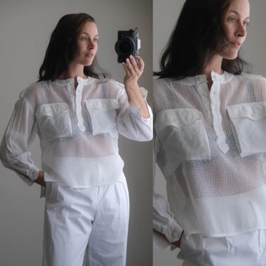 Vintage 80s ESCADA Linen Flax Net Mesh White Safari Style Long Sleeve Summer Blouse | Made in W Germany | 1980s Designer Blouse 