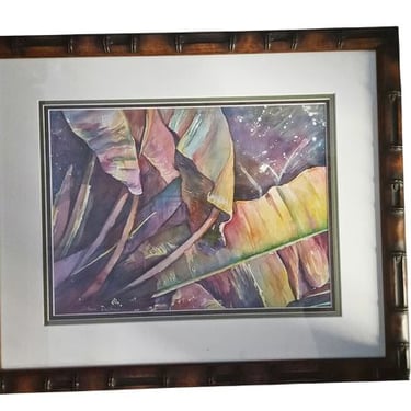 Orig Banana Leaf Watercolor in Faux Bamboo Frame 19 x 23"