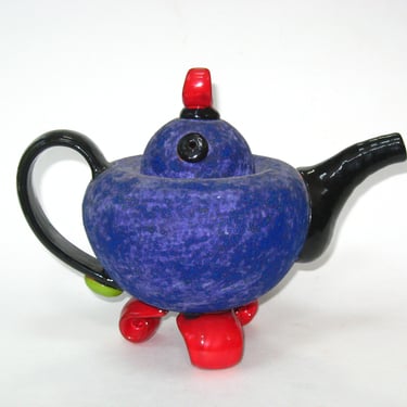 Alison Feargreave Post Modern Memphis Era Studio Art Pottery Teapot; Groovy Pacific Funk Pop Colored Tea Pot Hand Made in Canada 