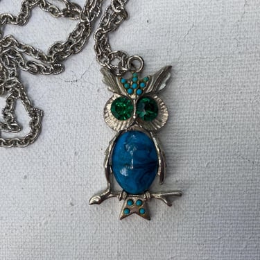 Vintage Owl Necklace, Owl Pendant, Green Rhinestone Eyes, Faux Turquoise Belly, Silver Chain Necklace, Owl Lovers, Costume Jewelry 