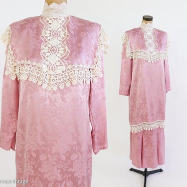 1980s Pink Ivory Floral Silk Tunic Dress & Skirt Set |  Vintage White Lace Trim | Jessica McClintock, Large 
