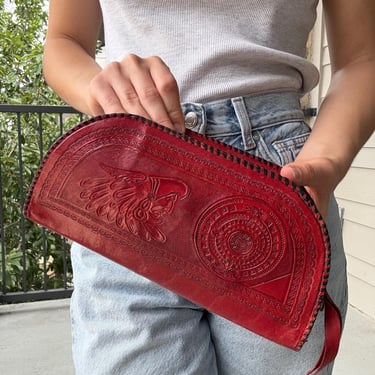 Vintage Mexican Tooled Leather Mayan Calendar Clutch, Eagle and Calendar Embossed, Handcrafted Red Leather Bag, Boho Style Zipper Wristlet 