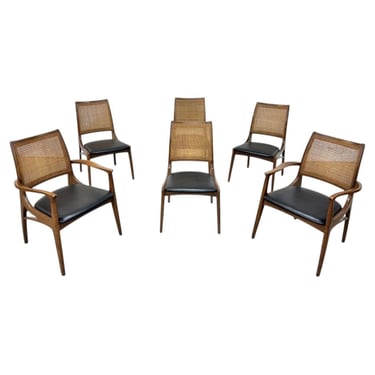 Mid-Century Modern Cane Back Walnut Dining Chairs - Set of 6 