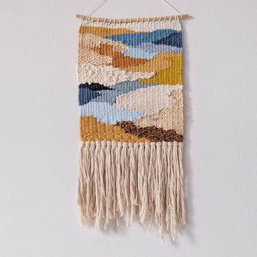 Wall Weaving/Hanging - Woven Tapestry - Mustard, Blue, Brown - Raffia - Boho Fiber Art - Handwoven Weave -Nursery Art (M1) 
