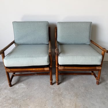 Vintage Rattan Bamboo Lounge Chairs With Cushions – A Pair 