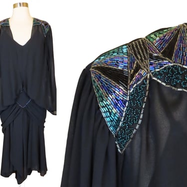 Vintage 80s does 20s Sheer Black Drop Waist Cocoon Long Sleeve 1980s Beaded Blue Green Full Skirt Flapper Prom Party Dress S M Small Medium 