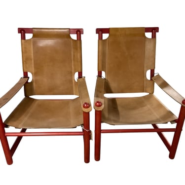 Pair Mid Century Italian Red Chairs with Stitched Leather Seat and Back