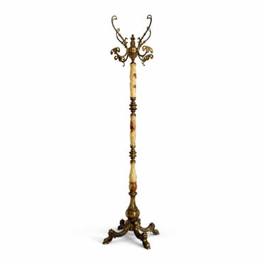 Vintage Italian Brass & Onyx Marble Coat Rack, Rotating Crown Hall Tree, Hollywood Regency Style, 1960s 