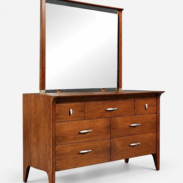 Mid Century Modern Walnut Profile Dresser with Mirror by John Van Koert for Drexel, c.1950's 