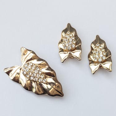 Vintage Emmons BROOCH & EARRING Set / 1950s Rhinestone Gold Leaf Signed Demi Parure 