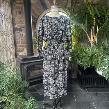 Vintage 1980s Black and Ivory Floral Back Button Belted Dress with Flounce Stuart Alan NOS 