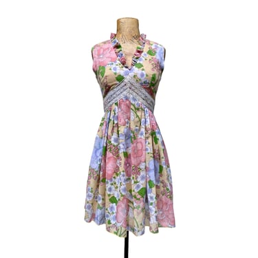 Vintage 1970s Boho Floral Mini Dress, 70s Sleeveless Voile and Lace Empire Sun Dress with Ruffled Collar by Act 1, Extra Small 32