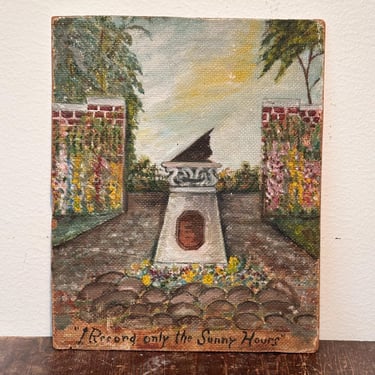 1940s Painting of Sundial in Garden Landscape with “I Record Only the Sunny Hours” Inscription - WPA Era Paintings - Oil on Board Artwork 