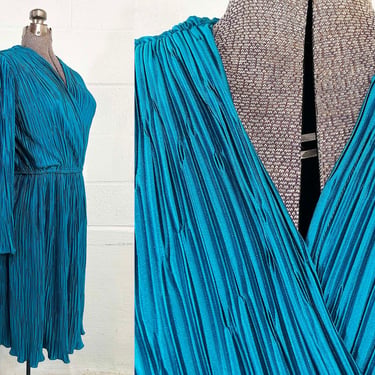 Vintage Blue Dress Liz Petites Inc. Deep V Neck Wrap Plissé Fit & Flare Long Sleeve Secretary Cocktail Teal Turquoise 1980s Large 