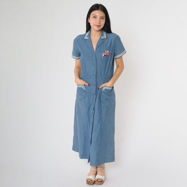 Vintage 80s Nautical Shirt Dress Chambray Blue Embroidered Sailing Flags Button Up Sailor Yacht Short Sleeve Pockets Midi 1980s Small Medium 