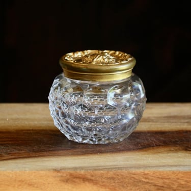 Vintage Brass and Glass Dresser Jar, Retro Vanity Decor, Heavy Crystal Bubble Jar with Art Nouveau Embossed Brass Lid, Gift for Collector 