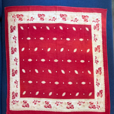 Antique 1900s 1920s Red Cotton Bandana Paisley Floral Print Handkerchief 19 x 20 