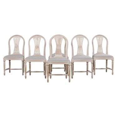 French Louis XVI Style Painted Dining Chairs W/ Striped Linen - Set of 6 