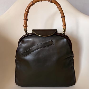 Stunning Vintage 1940s  Brown Leather handbag with bamboo cane top handle by BakeliteBa