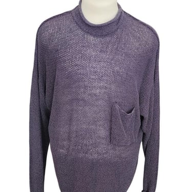 Vintage 90s Rykiel Homme Mens Sweater Purple Sheer Mesh Open Weave Mock Neck Knit Oversized 