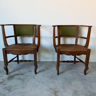 Vintage Organic Arts & Crafts Style Curved Rail Back Accent Chairs – Pair 