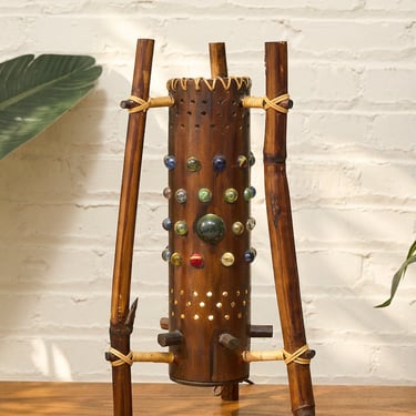 Vintage 1970s Bamboo & Rattan Sculptural Table Lamp with Glass Cabochons
