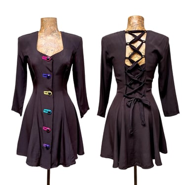 Vintage 1980s Chocolate New Wave Fit & Flare Mini Dress, XS to Small, VFG 