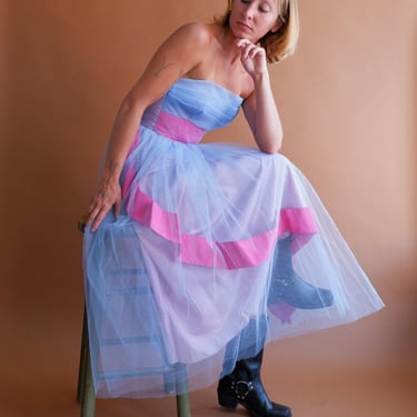 Vintage 50s Periwinkle and Fuchsia Cupcake Tulle Strapless Gown/ 1950s New Look Dress/ Size XS Small 24 