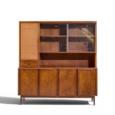 Merton Gershun for American of Martinsville Mid Century Walnut and Cane Credenza and Hutch 