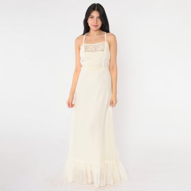 Vintage 70s Prairie Sun Dress Cream Lace Gauze Sundress Boho Cottagecore Maxi Hippie Dress 1970s Bohemian Summer High Waist Extra Small xs 