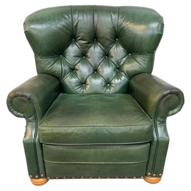 Vintage Ethan Allen Forrest Green Leather Chesterfield Reclining Lounge Chair 