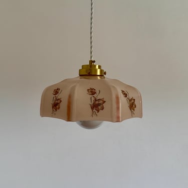 Vintage Pink Glass Pendant Lamp / Floral Art Deco Ceiling Light / Brass Hanging Lamp / Mid Century Lighting / 1950s 