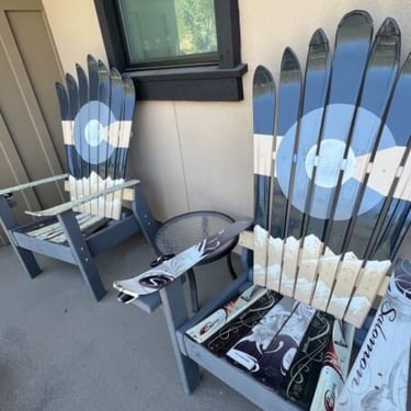 Set of 2 - Grey & Beige Colorado Monochromatic Ski Chairs, Mountain Mural Painted, Night Sky Mural Ski Chairs, Outdoor Furniture 