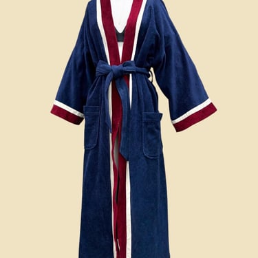 Vintage Christian Dior Monsieur Robe 1970s Retro Mens + One Size + Navy Blue/Burgundy/White + Velour + Belted + Unisex + Lounge Wear 