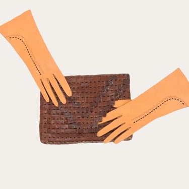 Vintage 1940s Double V Brown Woven Tab Leather Clutch Purse 