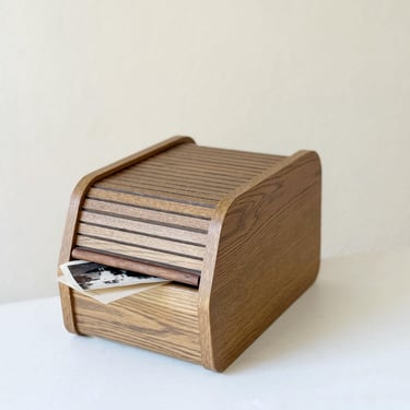 vintage wooden desktop tambour roll top storage box 