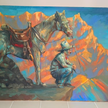 Vintage Oil Painting Western Cowboy Horse and Mountain Scene Vibrant Colors 