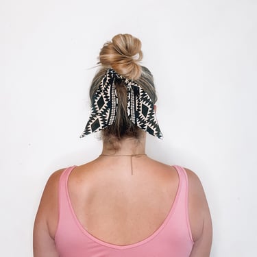 Boho Hair Ribbon - Black / Ivory Style 1 - tie scarf / aztec / cream / bow / printed / textile 